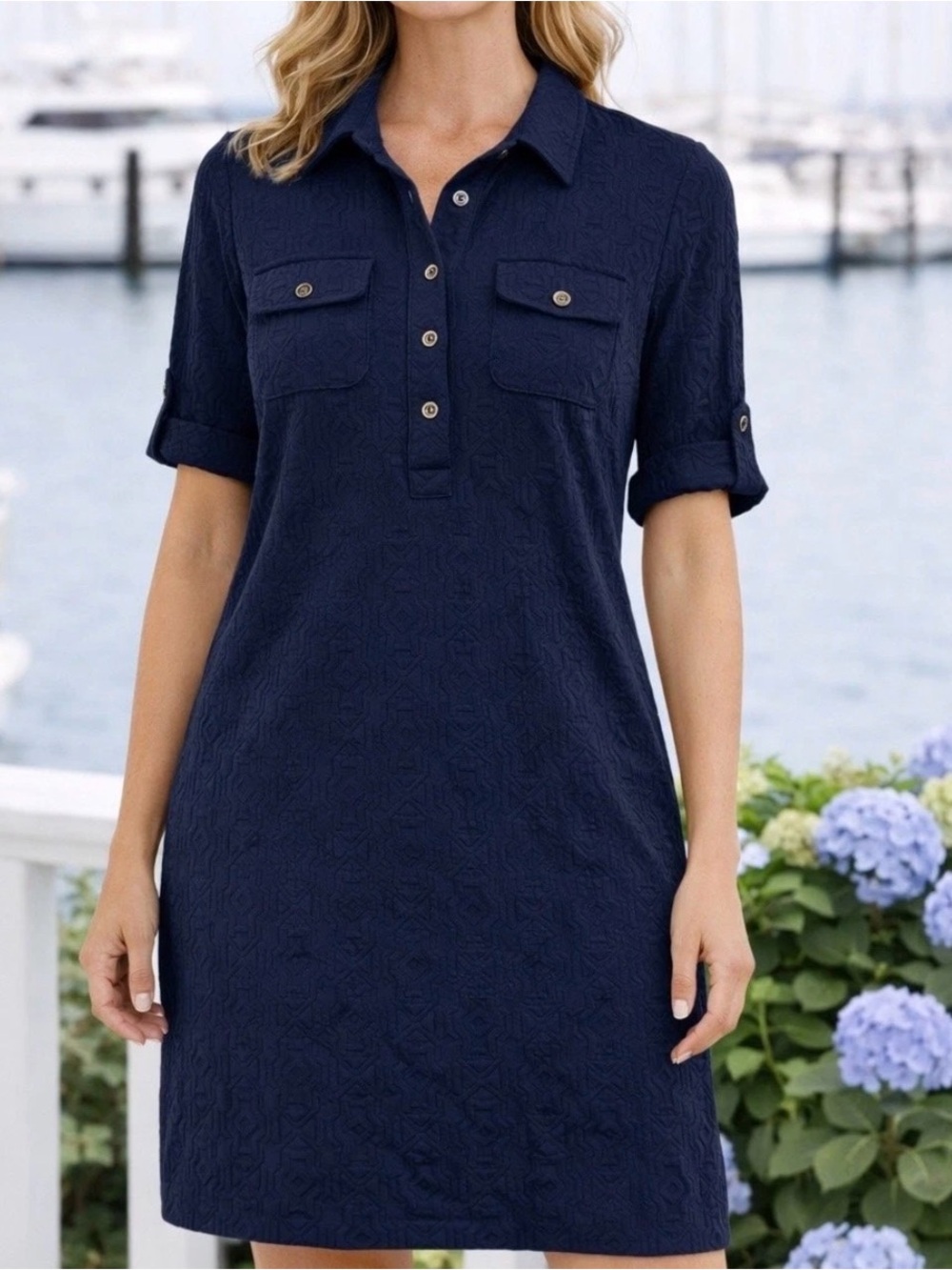 "J.McLaughlin Yolanda Navy Blue Textured Jacquard Polo Shirt Dress Size M 0295